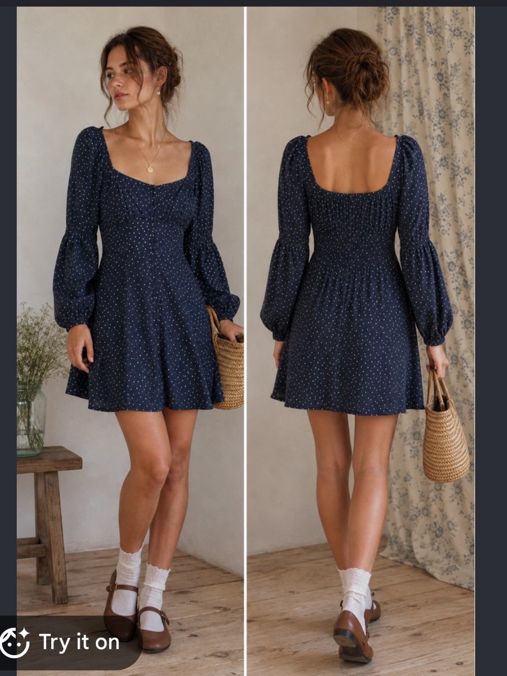Angie Boho Blue Long Sleeve Polka Dot Mini Dress Size S